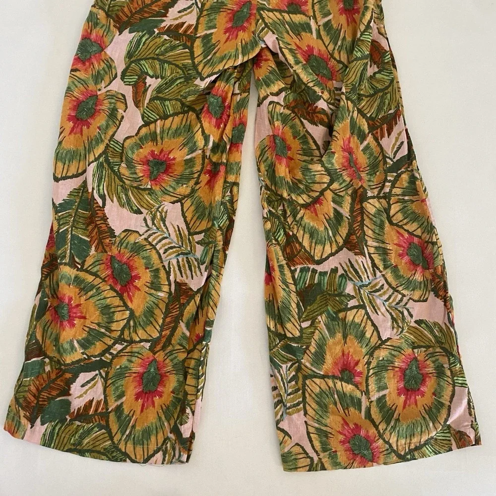 Cynthia Rowley Pink Green Tropical Wide Leg Jumpsuit Medium Holiday Resort Linen